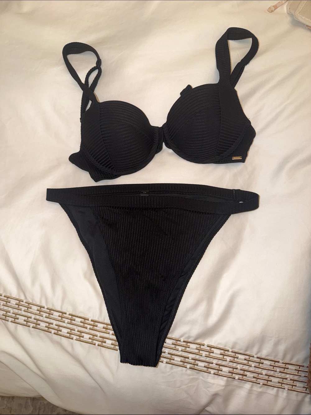 PINK Victoria's Secret Black Ribbed Underwire Bikini Set
